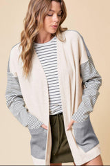 Open Front Long Sleeve Striped Cardigan with Pockets