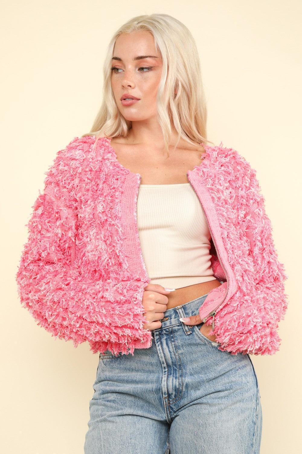 VERY J Shaggy Yarn Knit Zip Up Jacket