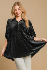 Umgee Pearl Detail Half Sleeve Velvet Babydoll Blouse