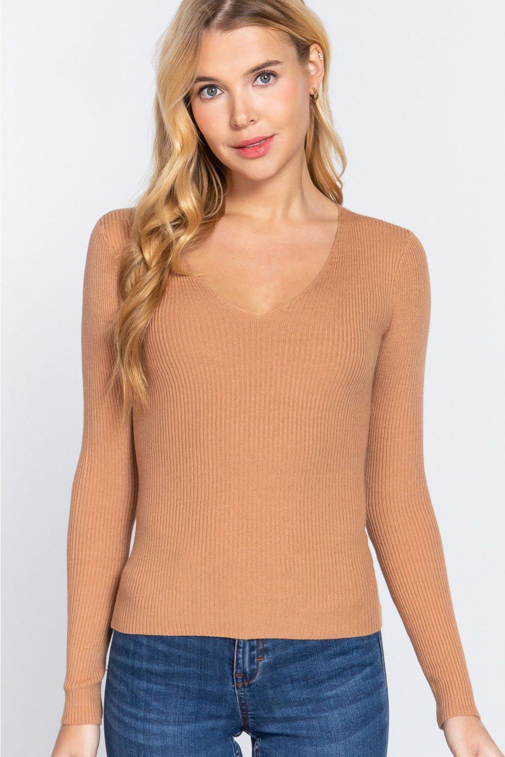 ACTIVE BASIC V - Neck Fitted Viscose Rib Knit Top - Admiresty