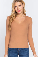 ACTIVE BASIC V - Neck Fitted Viscose Rib Knit Top - Admiresty