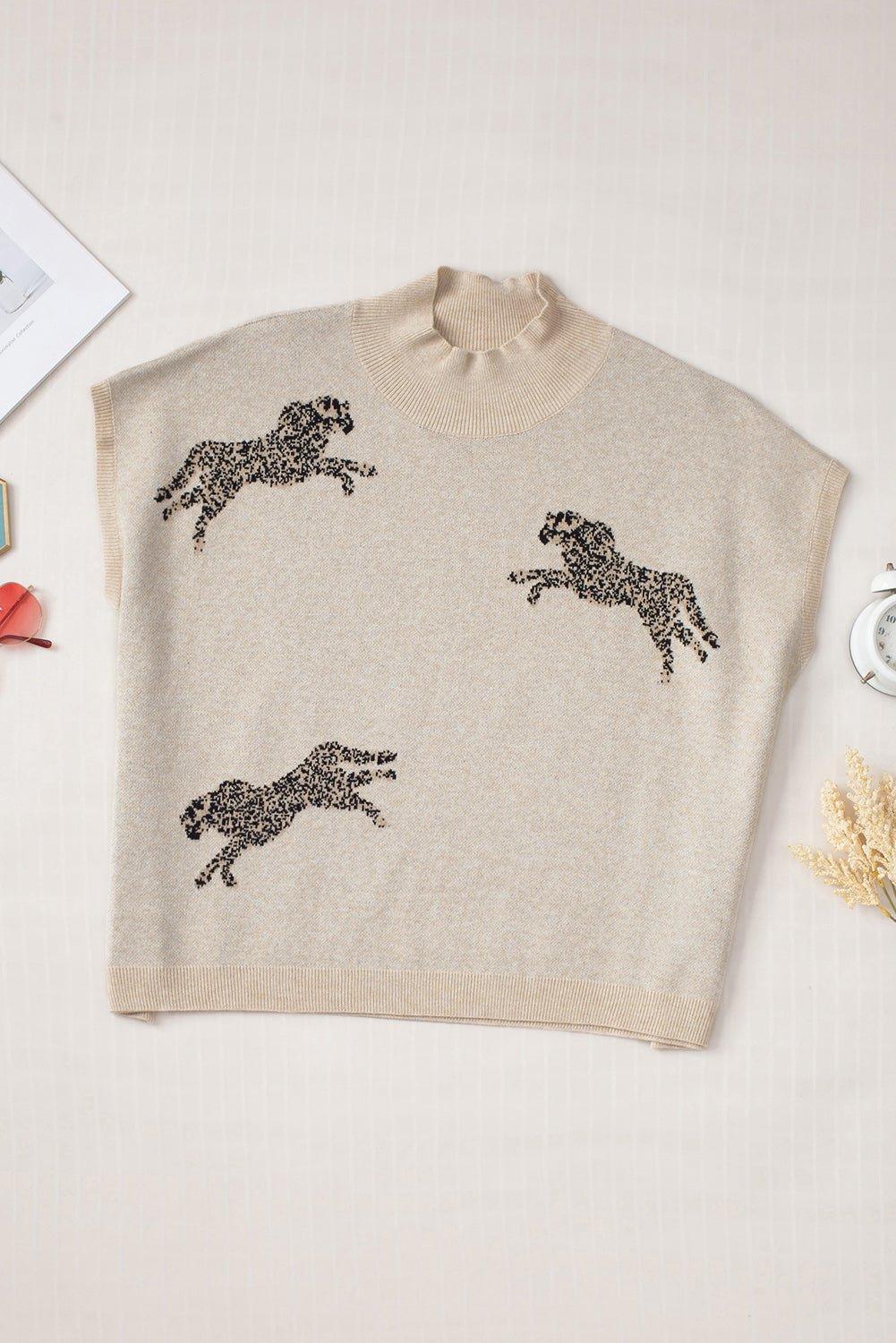 Animal Graphic Mock Neck Cap Sleeve Sweater - Admiresty