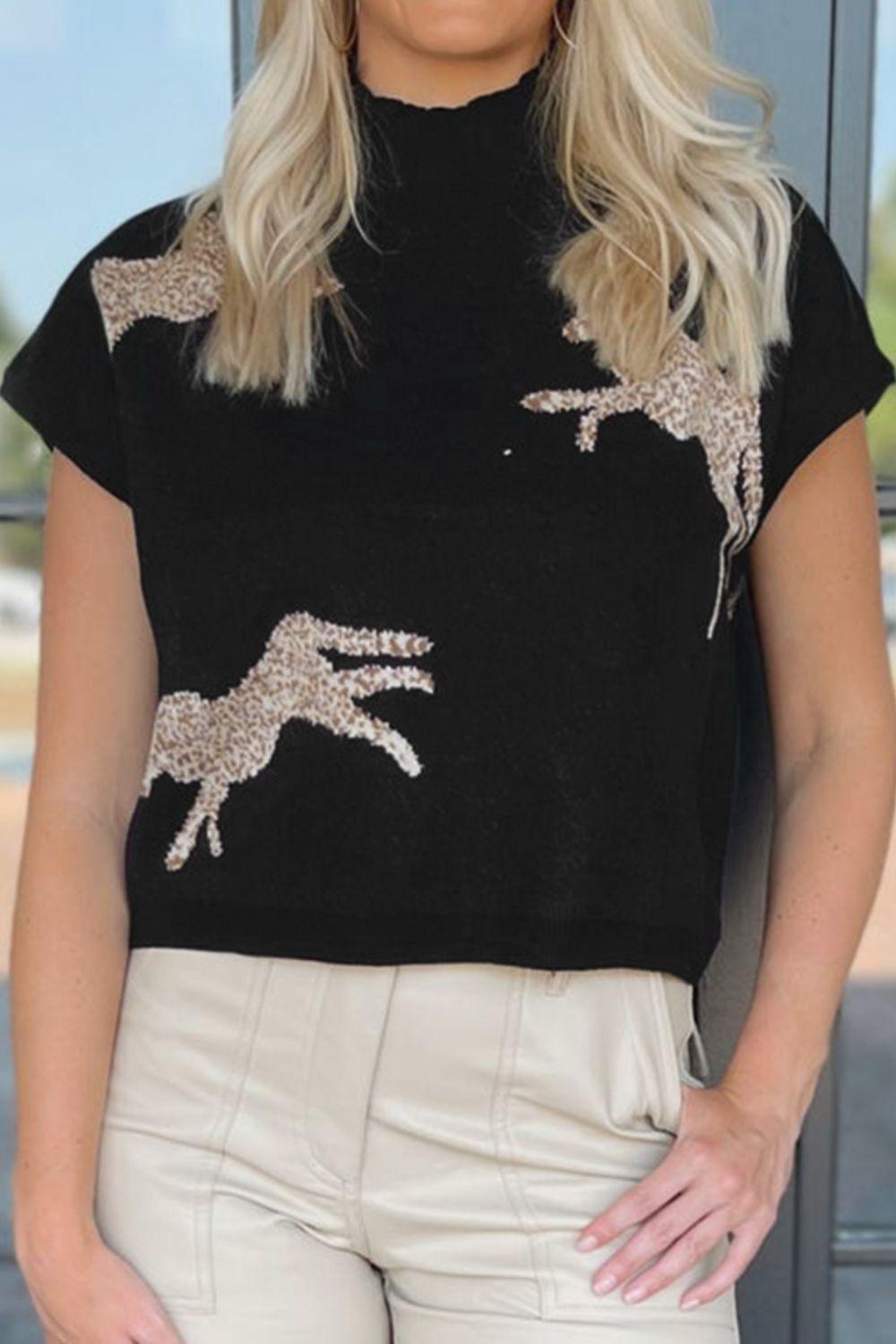Animal Graphic Mock Neck Cap Sleeve Sweater - Admiresty