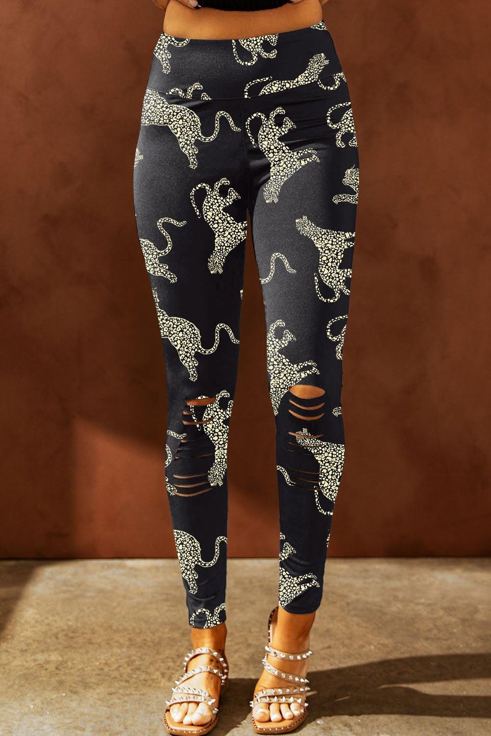 Animal Printed Distressed High Waist Leggings - Admiresty