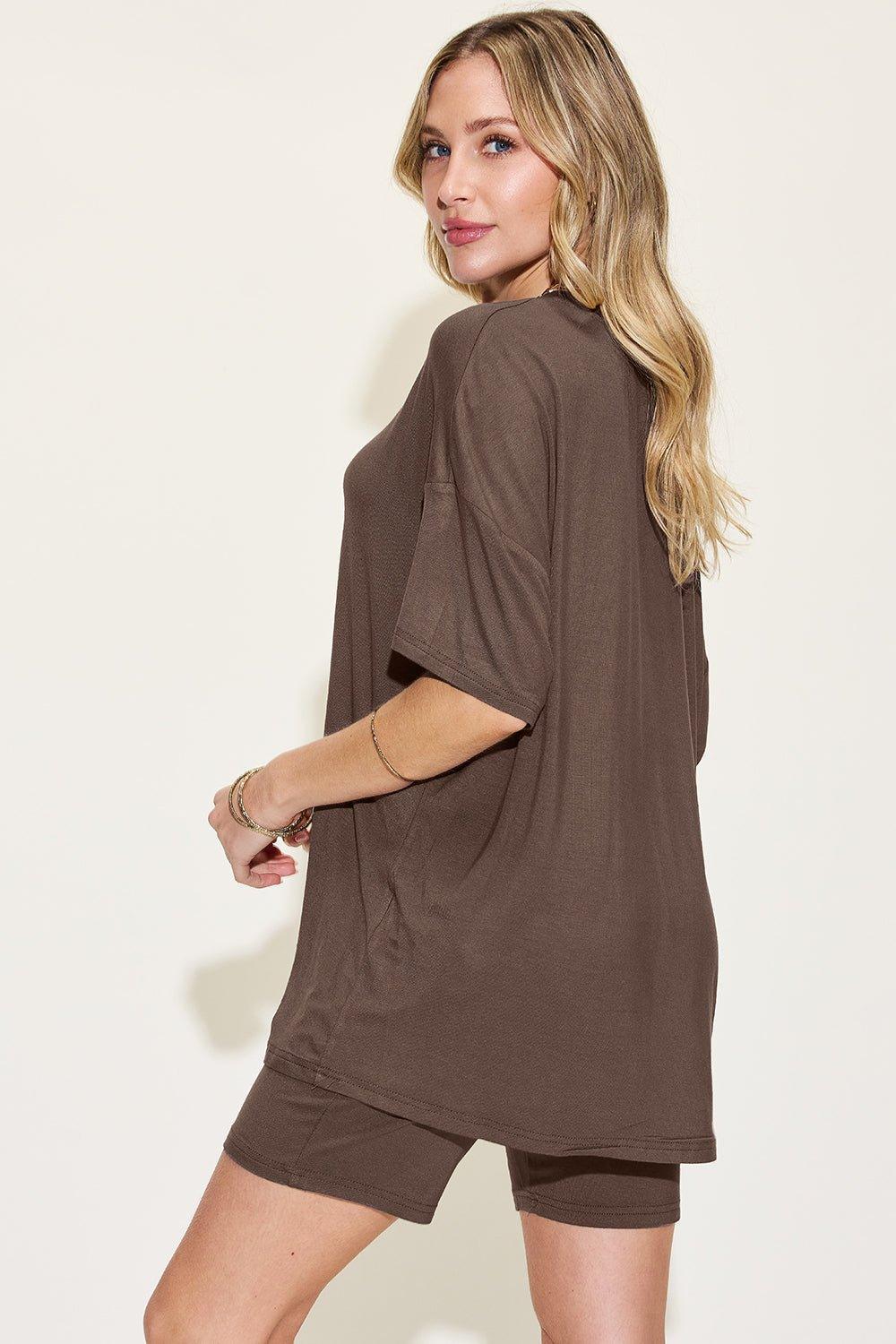 Basic Bae Full Size V - Neck Drop Shoulder T - Shirt and Shorts Set - Admiresty