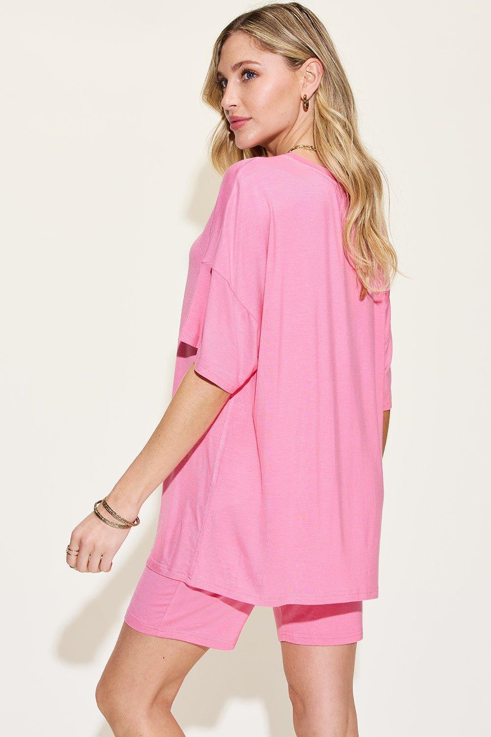 Basic Bae Full Size V - Neck Drop Shoulder T - Shirt and Shorts Set - Admiresty