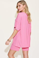 Basic Bae Full Size V - Neck Drop Shoulder T - Shirt and Shorts Set - Admiresty