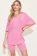 Basic Bae Full Size V - Neck Drop Shoulder T - Shirt and Shorts Set - Admiresty