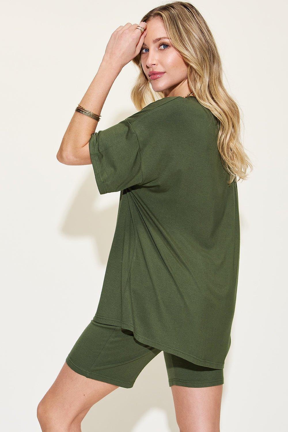 Basic Bae Full Size V - Neck Drop Shoulder T - Shirt and Shorts Set - Admiresty