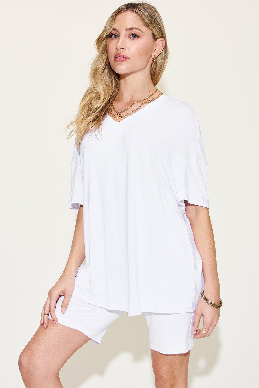 Basic Bae Full Size V - Neck Drop Shoulder T - Shirt and Shorts Set - Admiresty