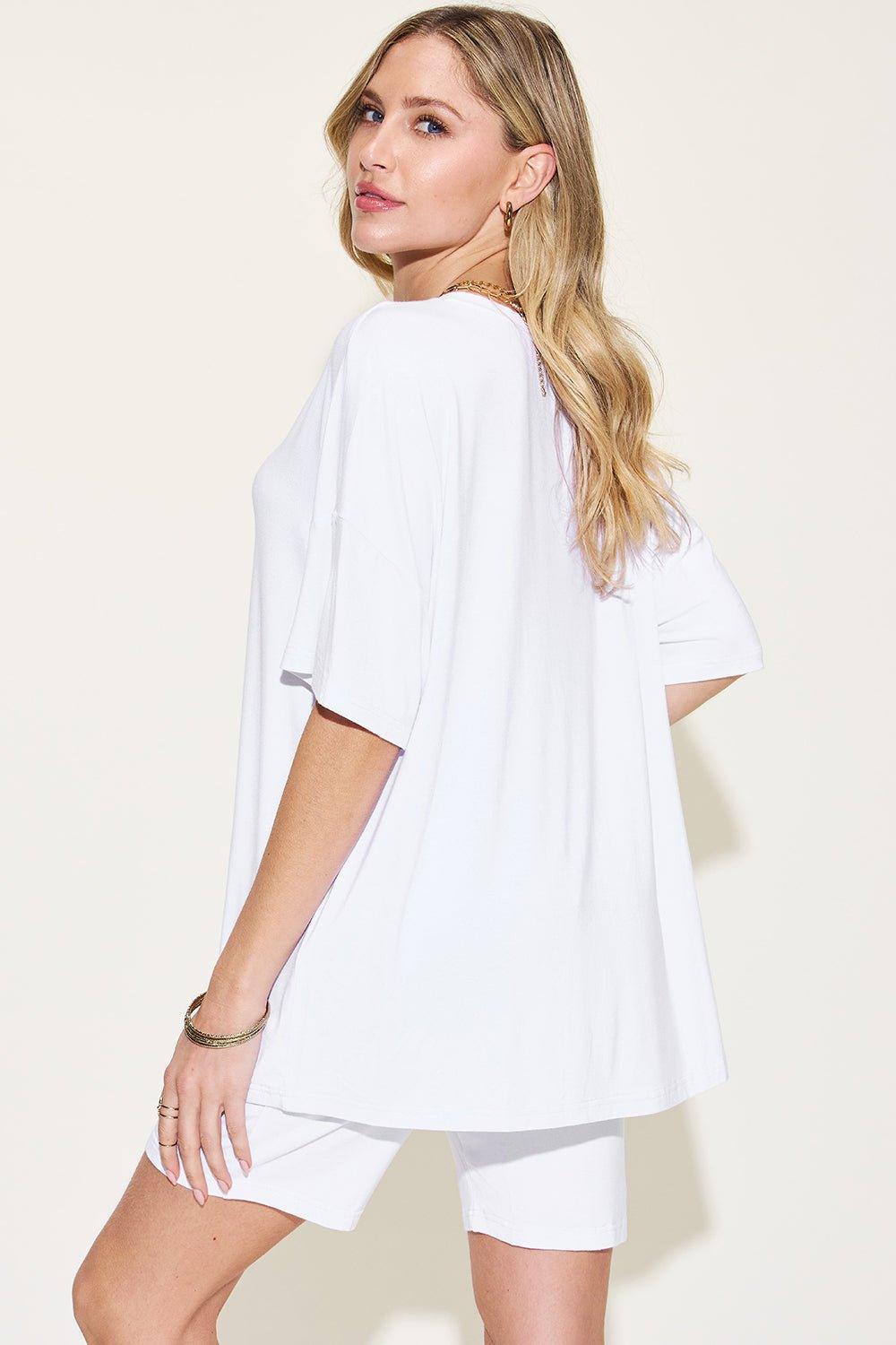 Basic Bae Full Size V - Neck Drop Shoulder T - Shirt and Shorts Set - Admiresty