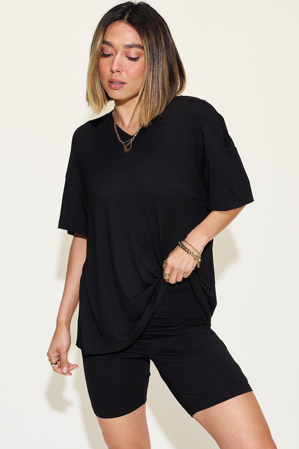 Basic Bae Full Size V - Neck Drop Shoulder T - Shirt and Shorts Set - Admiresty