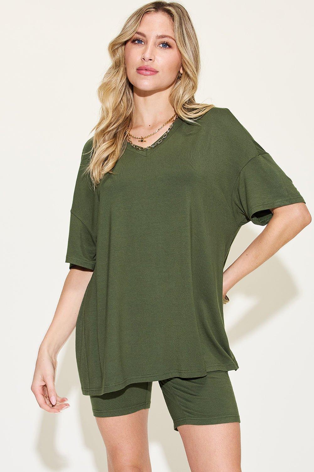 Basic Bae Full Size V - Neck Drop Shoulder T - Shirt and Shorts Set - Admiresty
