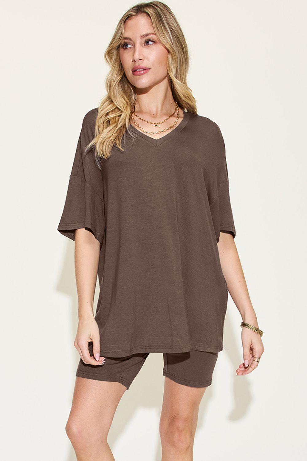 Basic Bae Full Size V - Neck Drop Shoulder T - Shirt and Shorts Set - Admiresty
