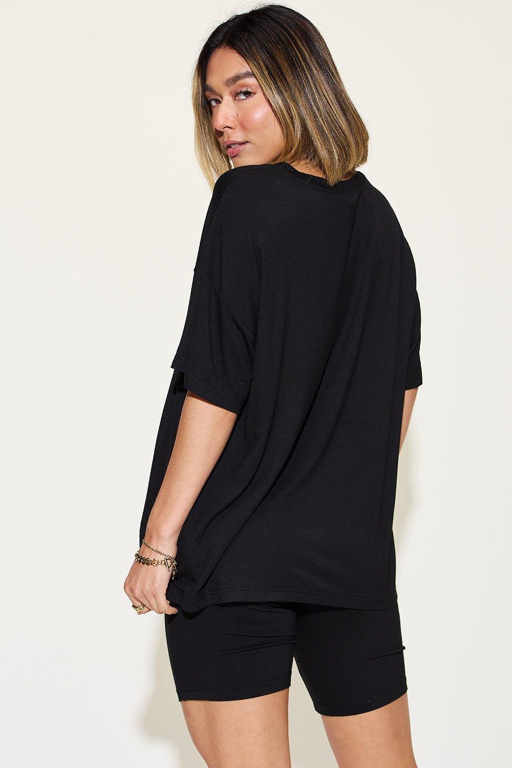 Basic Bae Full Size V - Neck Drop Shoulder T - Shirt and Shorts Set - Admiresty