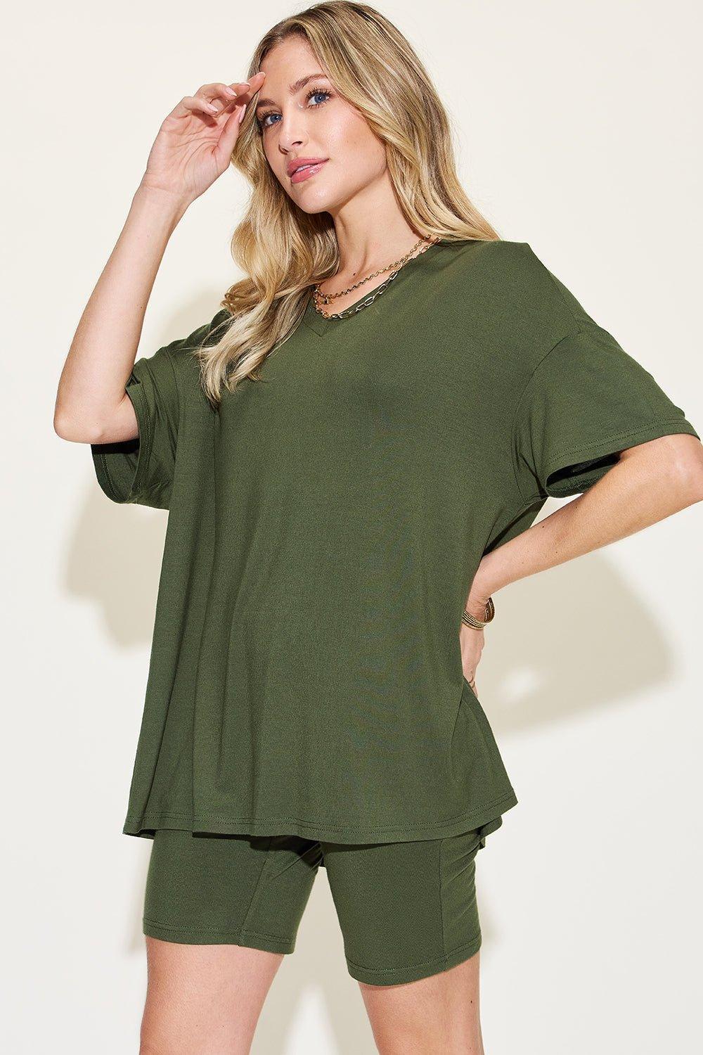 Basic Bae Full Size V - Neck Drop Shoulder T - Shirt and Shorts Set - Admiresty