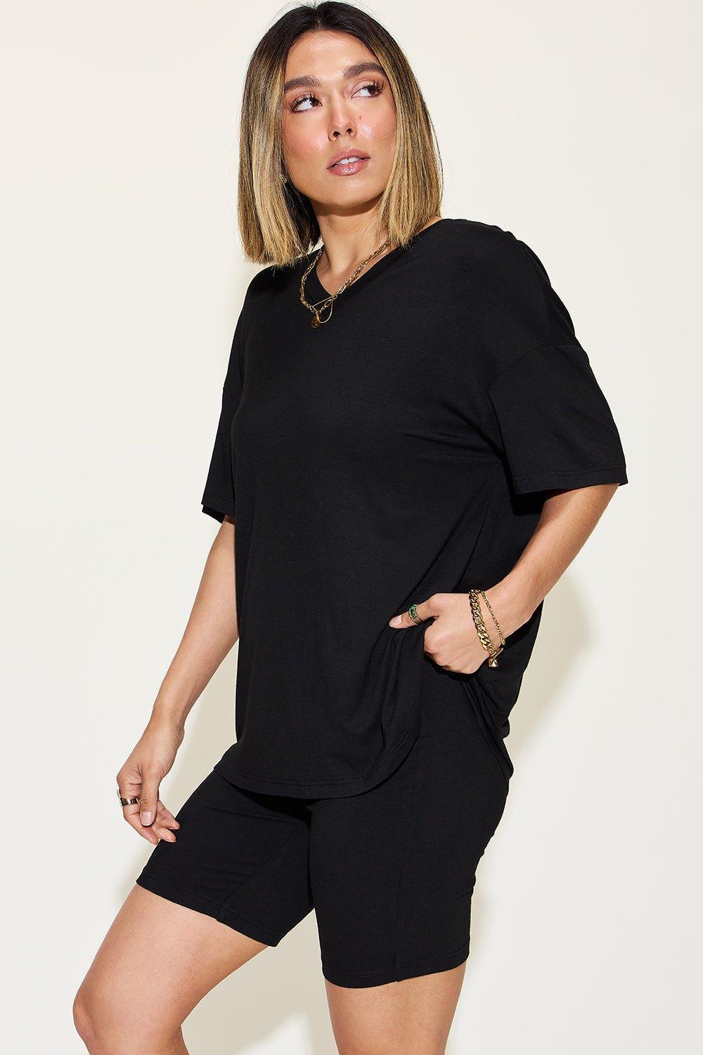 Basic Bae Full Size V - Neck Drop Shoulder T - Shirt and Shorts Set - Admiresty