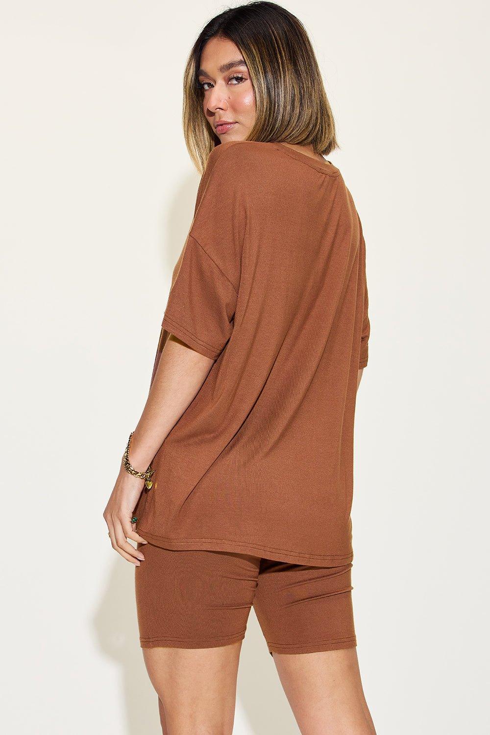Basic Bae Full Size V - Neck Drop Shoulder T - Shirt and Shorts Set - Admiresty