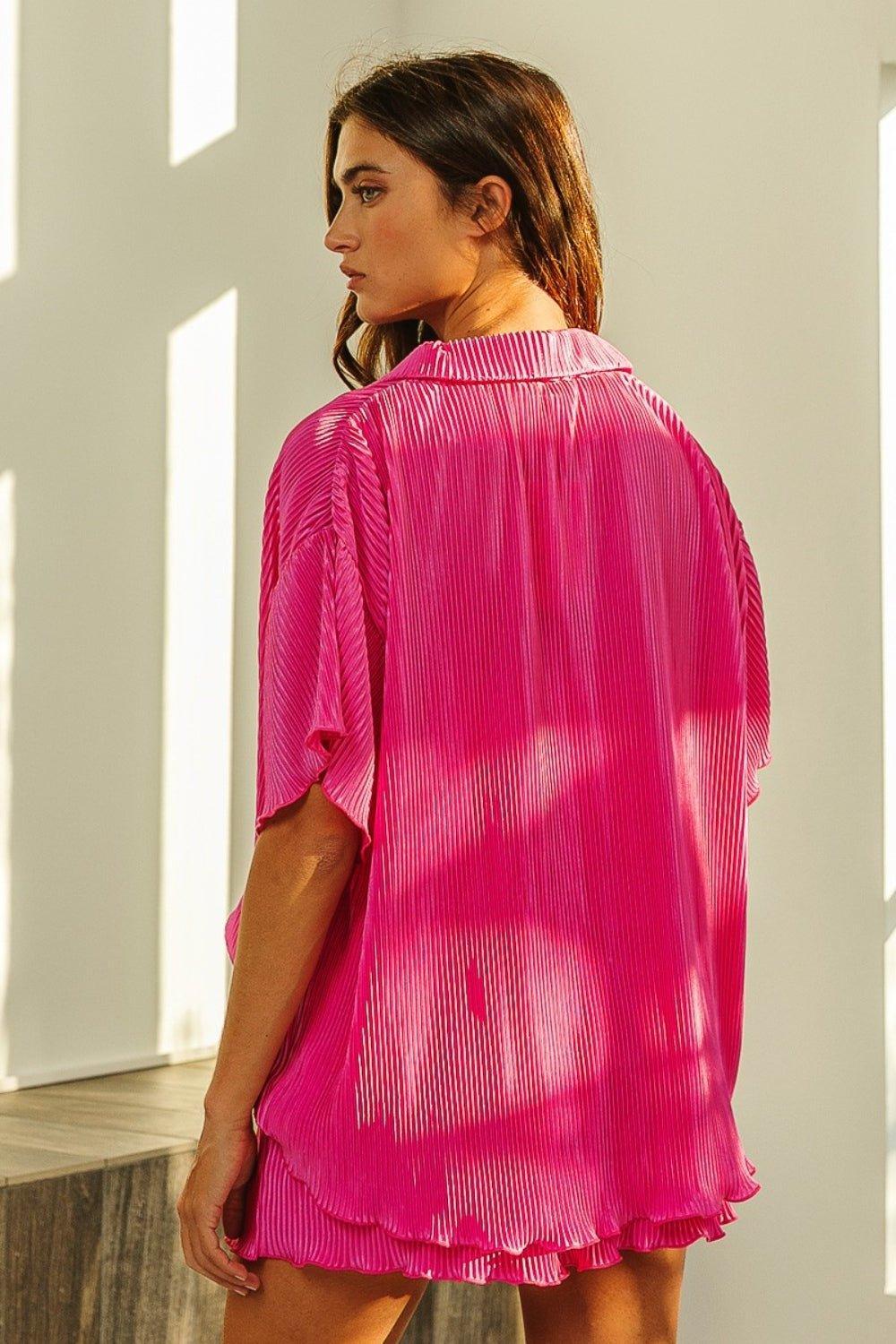 BiBi Pleated Short Sleeve Shirt and Shorts Set - Admiresty