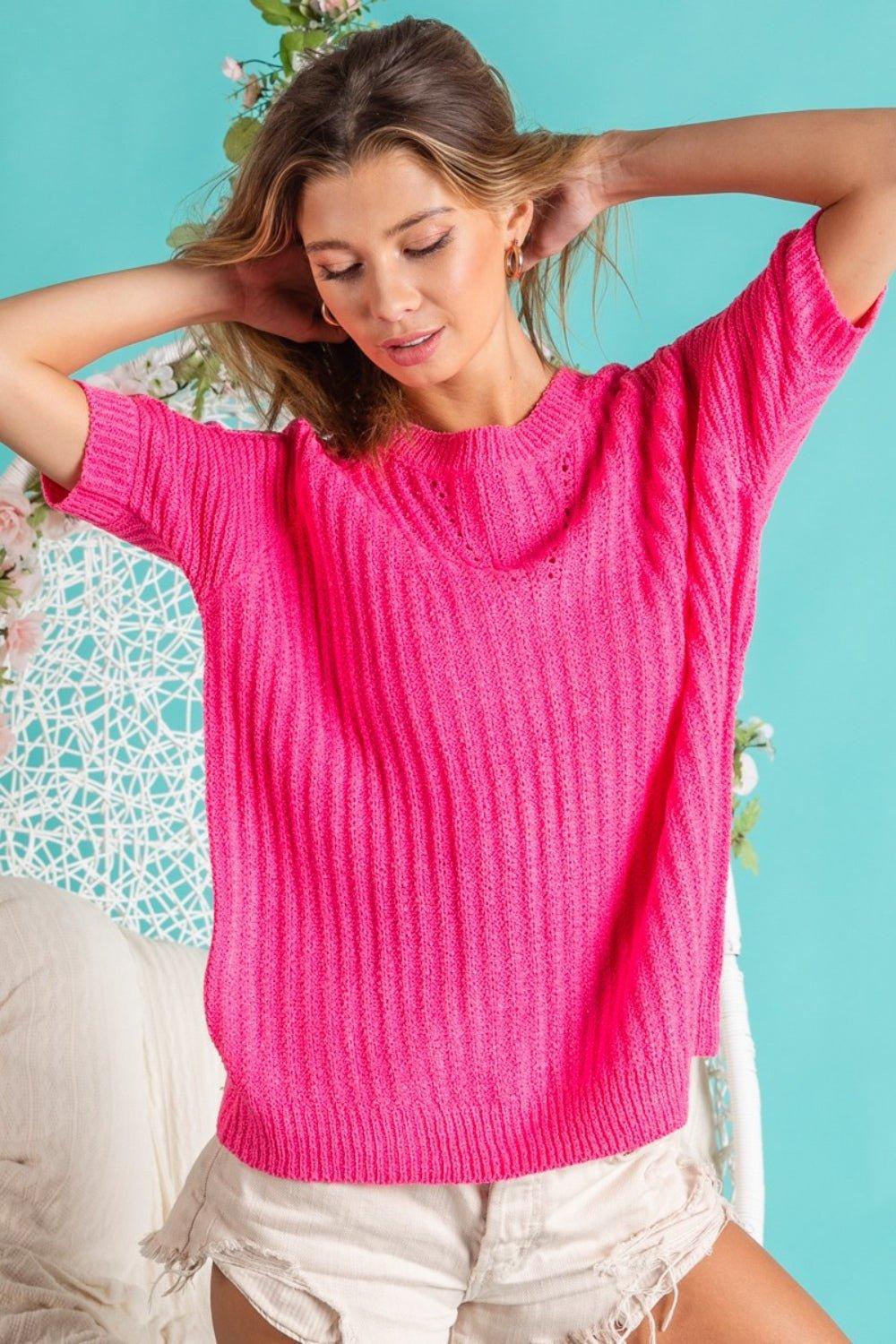 BiBi Texture Round Neck Short Sleeve Knit Top - Admiresty