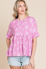 BOMBOM Floral Round Neck Peplum Blouse - Admiresty