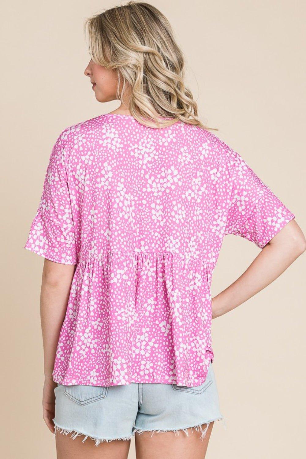 BOMBOM Floral Round Neck Peplum Blouse - Admiresty