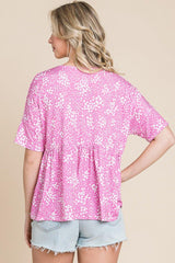 BOMBOM Floral Round Neck Peplum Blouse - Admiresty