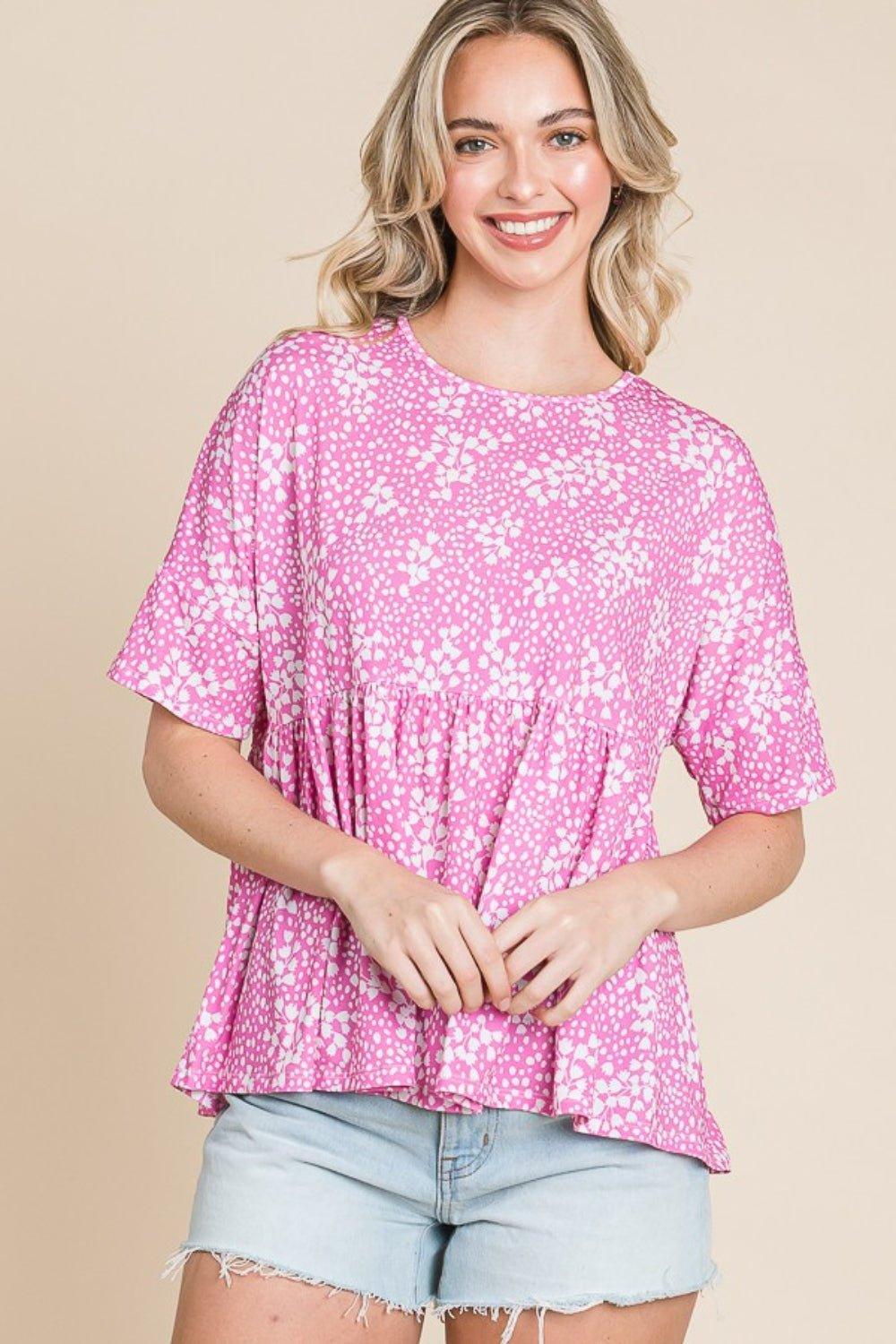 BOMBOM Floral Round Neck Peplum Blouse - Admiresty