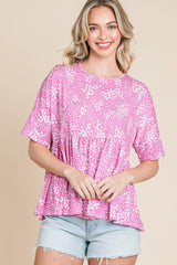 BOMBOM Floral Round Neck Peplum Blouse - Admiresty