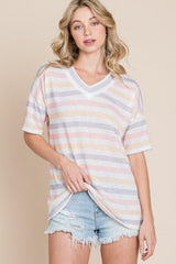 BOMBOM Striped V - Neck Short Sleeve T - Shirt - Admiresty