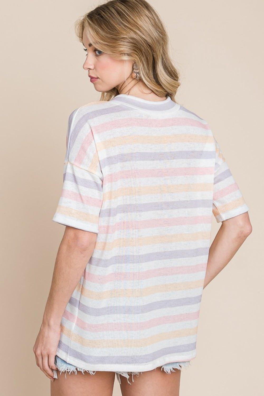 BOMBOM Striped V - Neck Short Sleeve T - Shirt - Admiresty