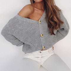 Button Up V - Neck Long Sleeve Cardigan - Admiresty