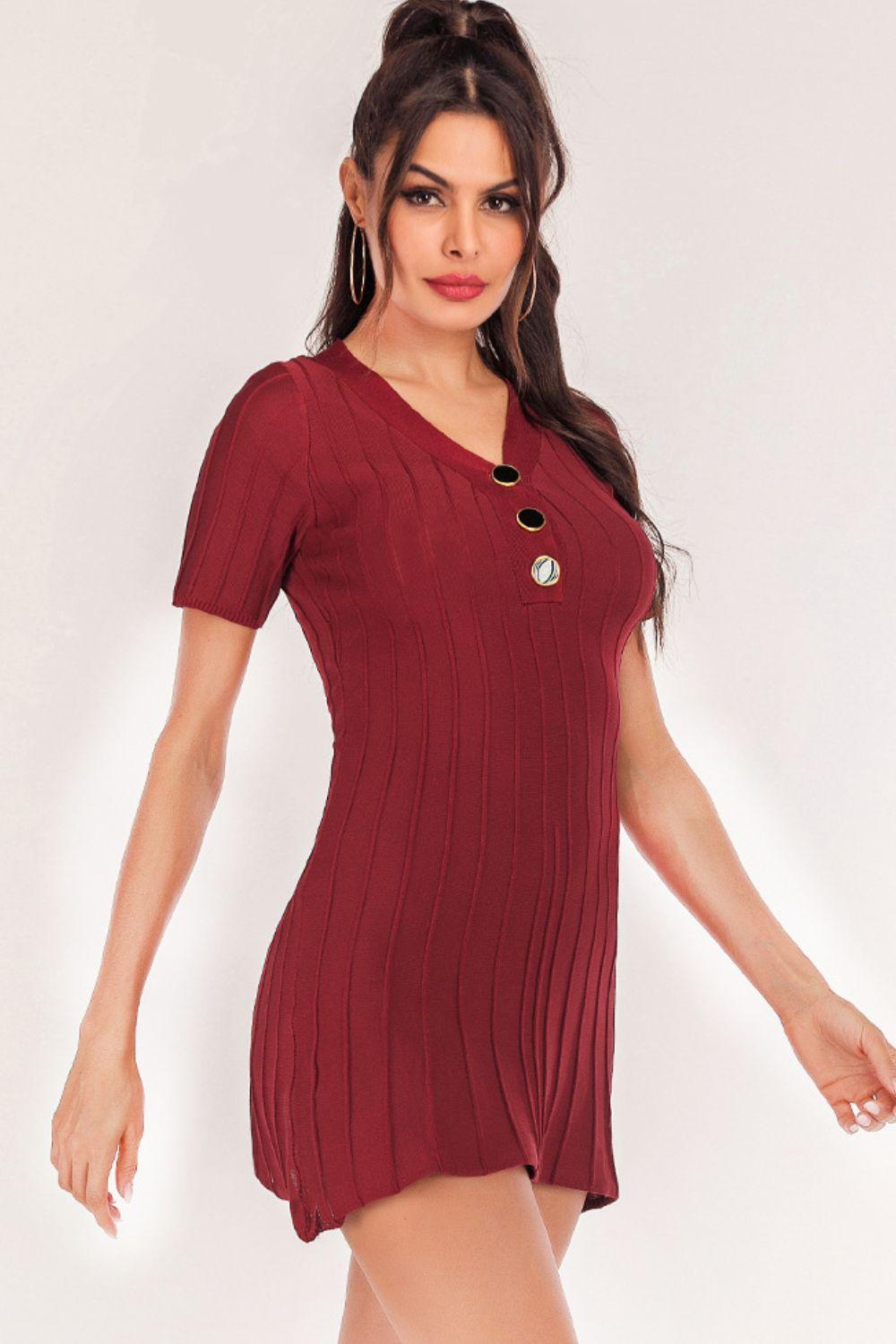 Buttoned Short Sleeve V - Neck Knit Dress - Admiresty