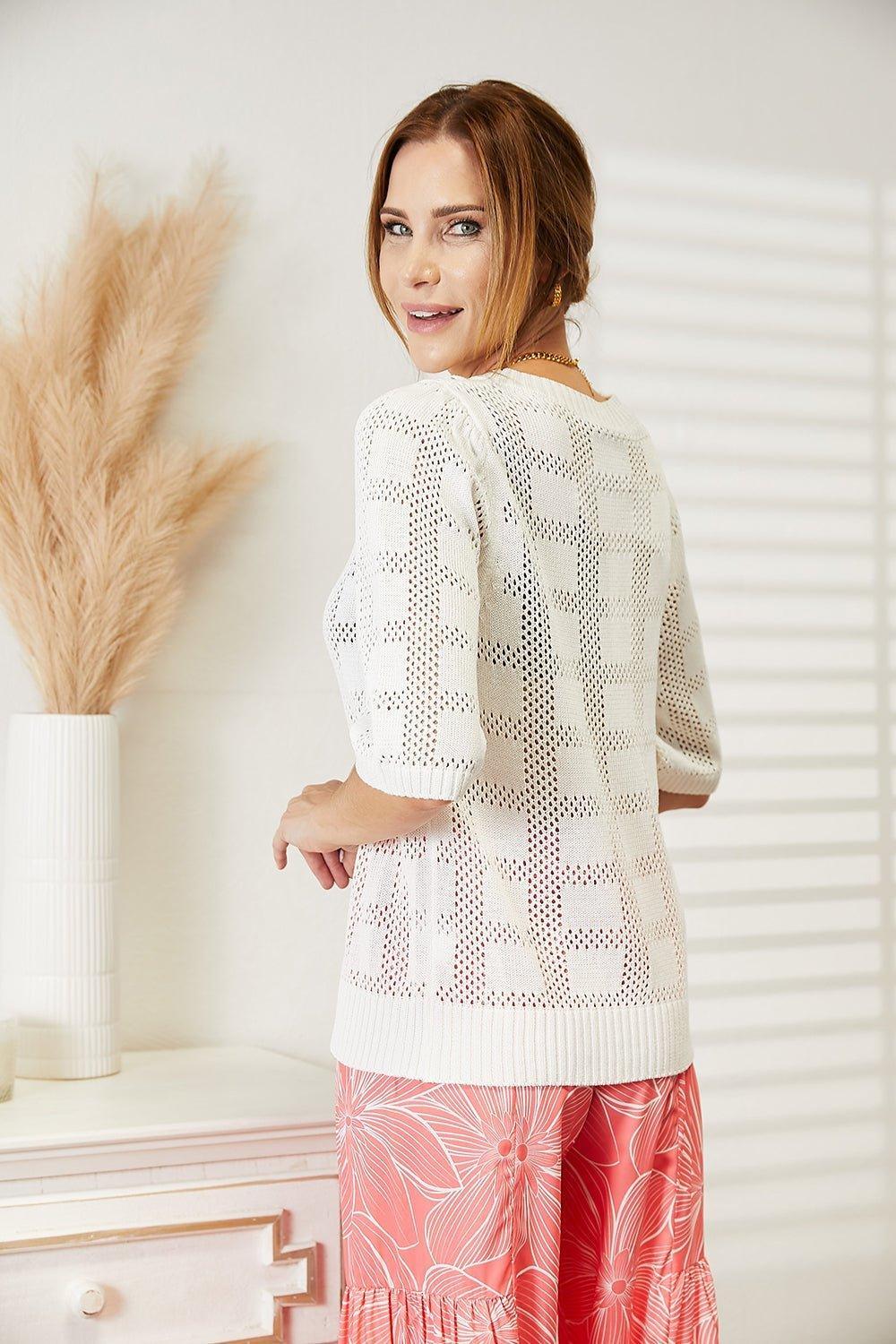 Double Take Ribbed Trim Round Neck Knit Top - Admiresty