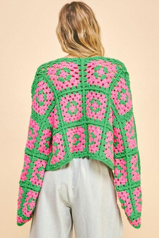 Davi & Dani Full Size Two Tone Flower Square Crochet Open Front Cardigan